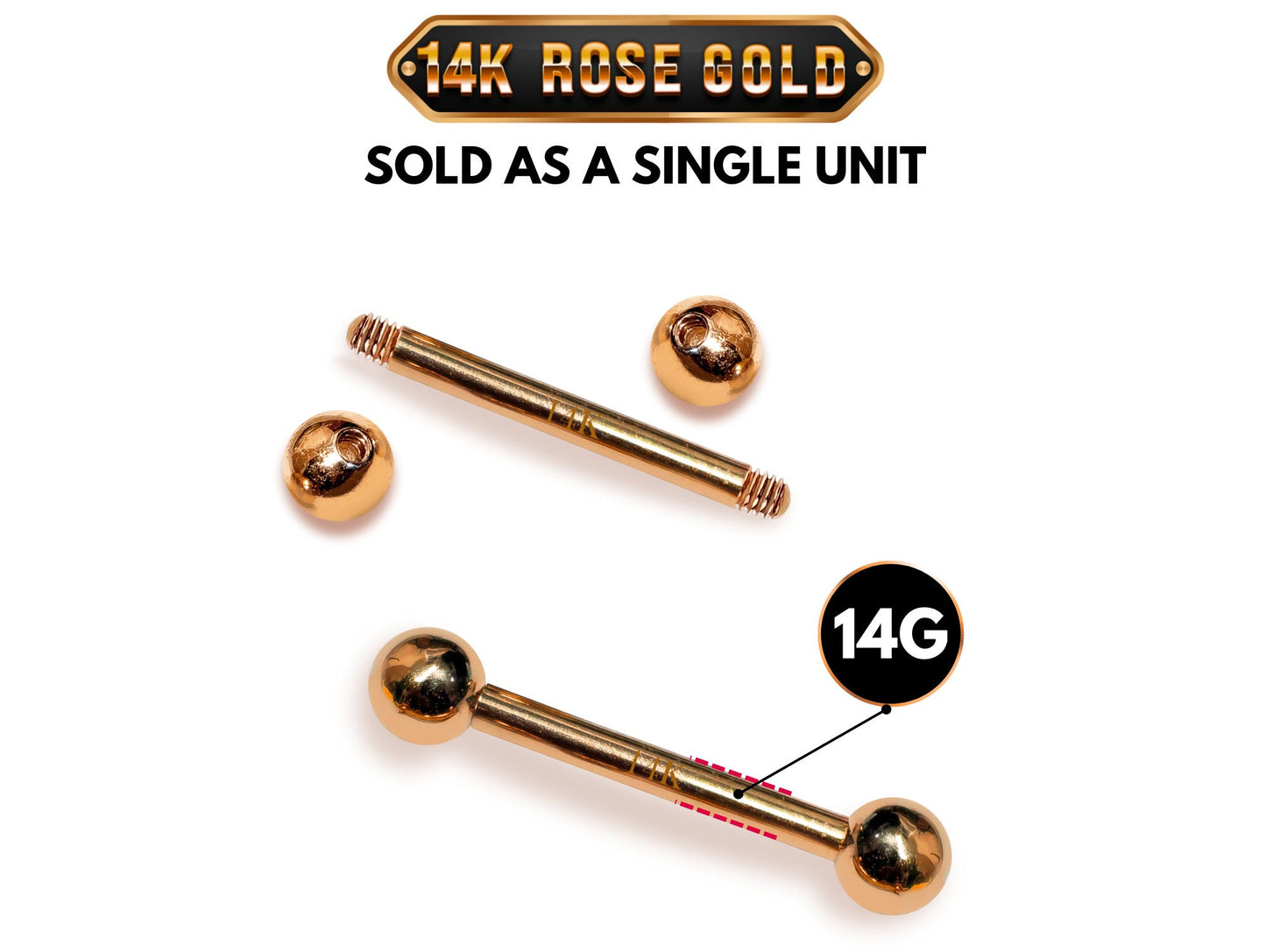 14K Rose Gold Nipple Jewelry, 14G Nipple Bar, Tongue Barbell Body Jewellery Straight Barbell