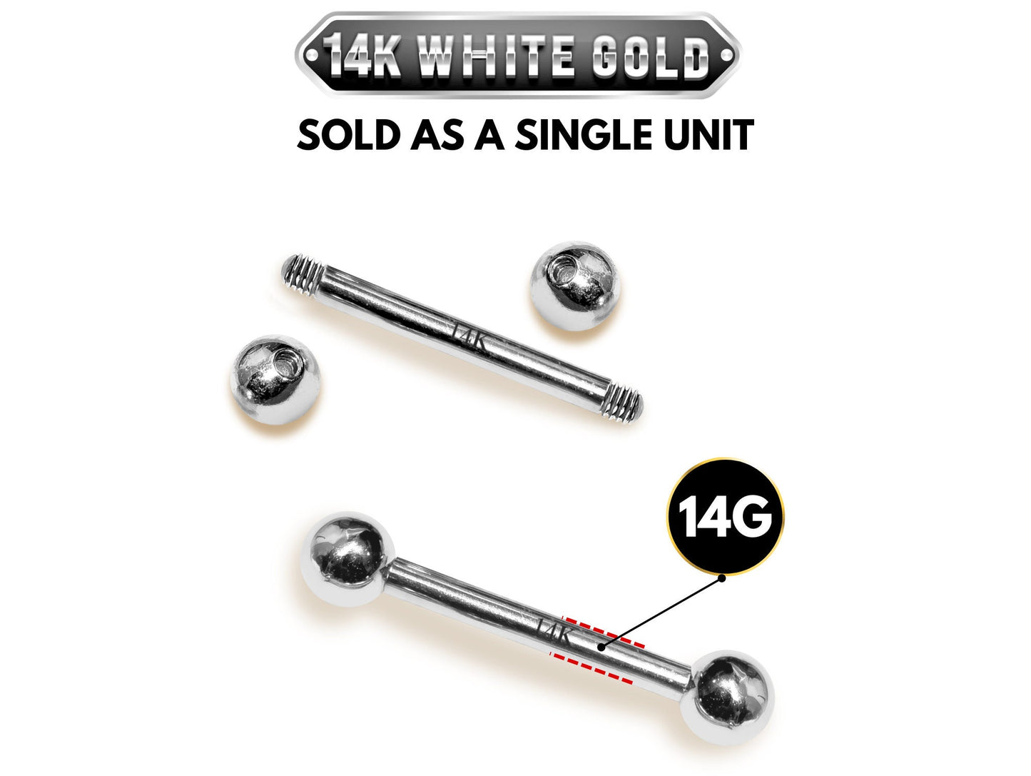 14K White Gold Nipple Piercing Barbell, 14G Tongue Bar, Barbell Earrings Body Jewellery Straight Barbell - Solid Gold - Hand Made