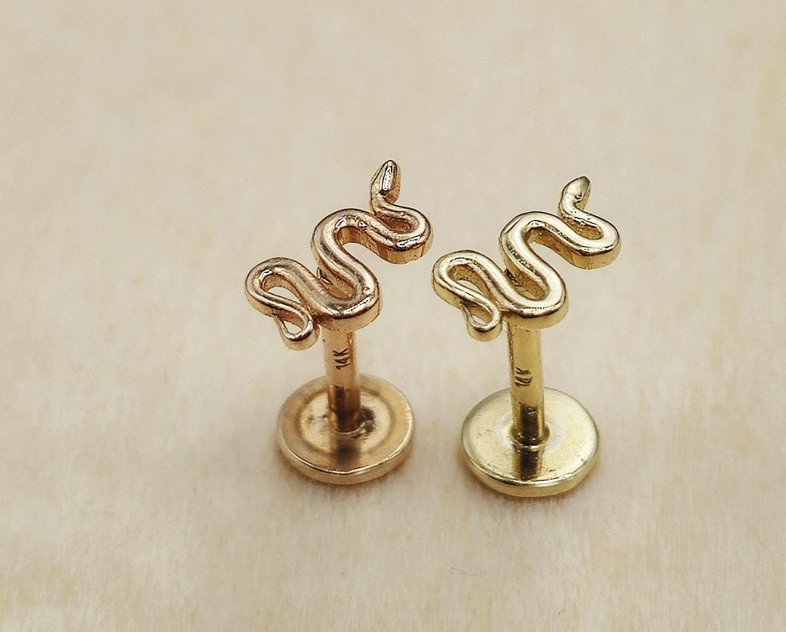 14K Rose Gold, Gold & White Gold Snake Tragus, Conch, Helix Cartilage Piercing, Labret Studs, Ear Piercing Internally Thread Body Jewelry