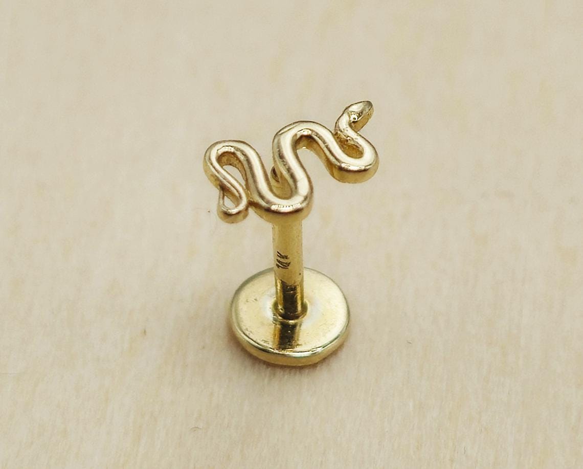 14K Rose Gold, Gold & White Gold Snake Tragus, Conch, Helix Cartilage Piercing, Labret Studs, Ear Piercing Internally Thread Body Jewelry