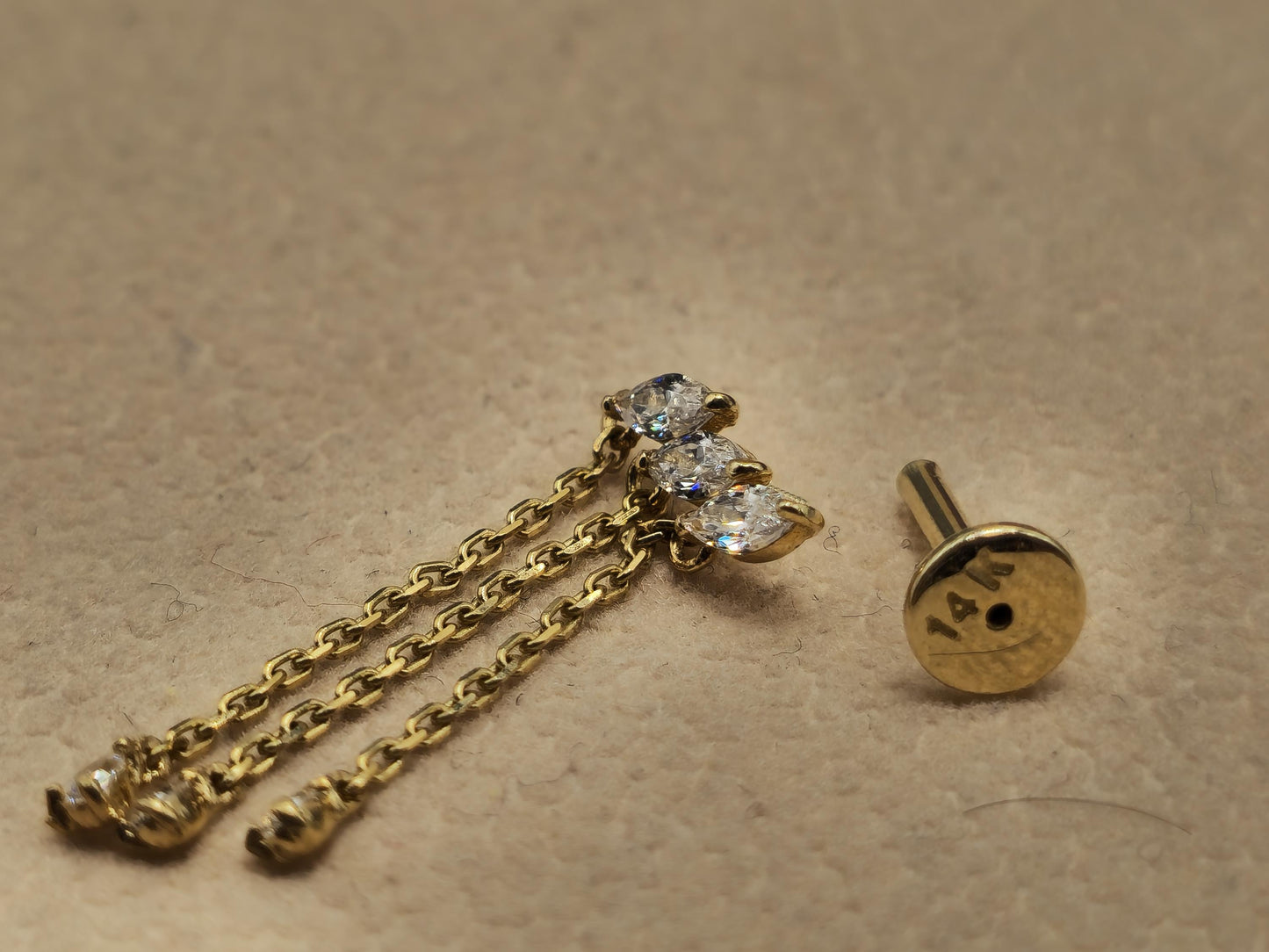 14K Gold Tragus Sparkling Drop Earrings- Gold Dangle & Drop Earrings- Labret Piercing - Internally Threaded Body Jewelry - Ear Piercings