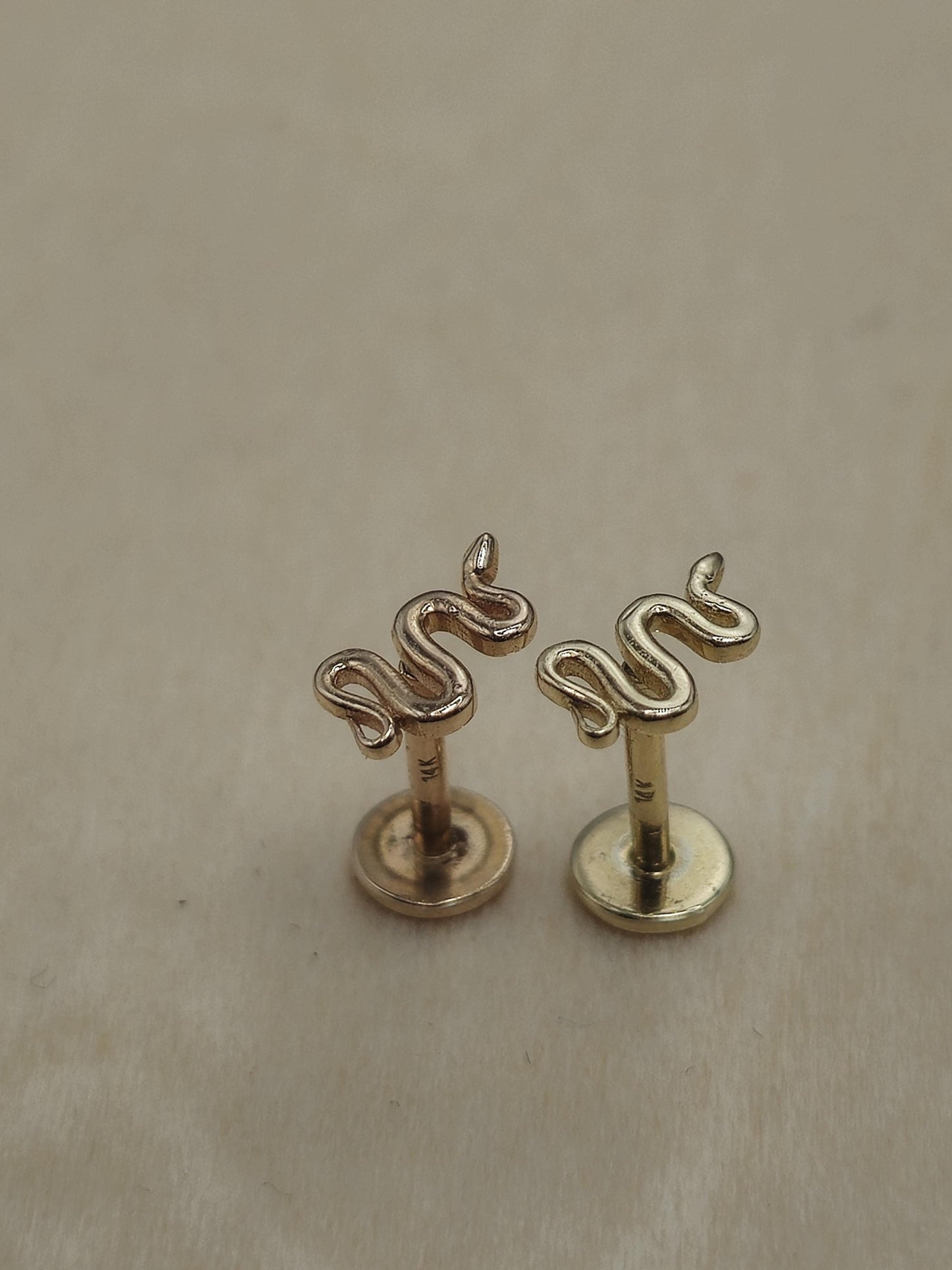 14K Rose Gold, Gold & White Gold Snake Tragus, Conch, Helix Cartilage Piercing, Labret Studs, Ear Piercing Internally Thread Body Jewelry