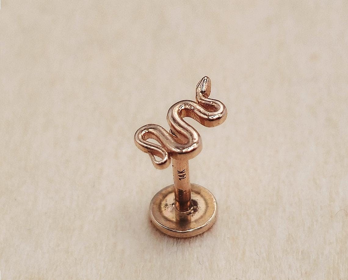 14K Rose Gold, Gold & White Gold Snake Tragus, Conch, Helix Cartilage Piercing, Labret Studs, Ear Piercing Internally Thread Body Jewelry