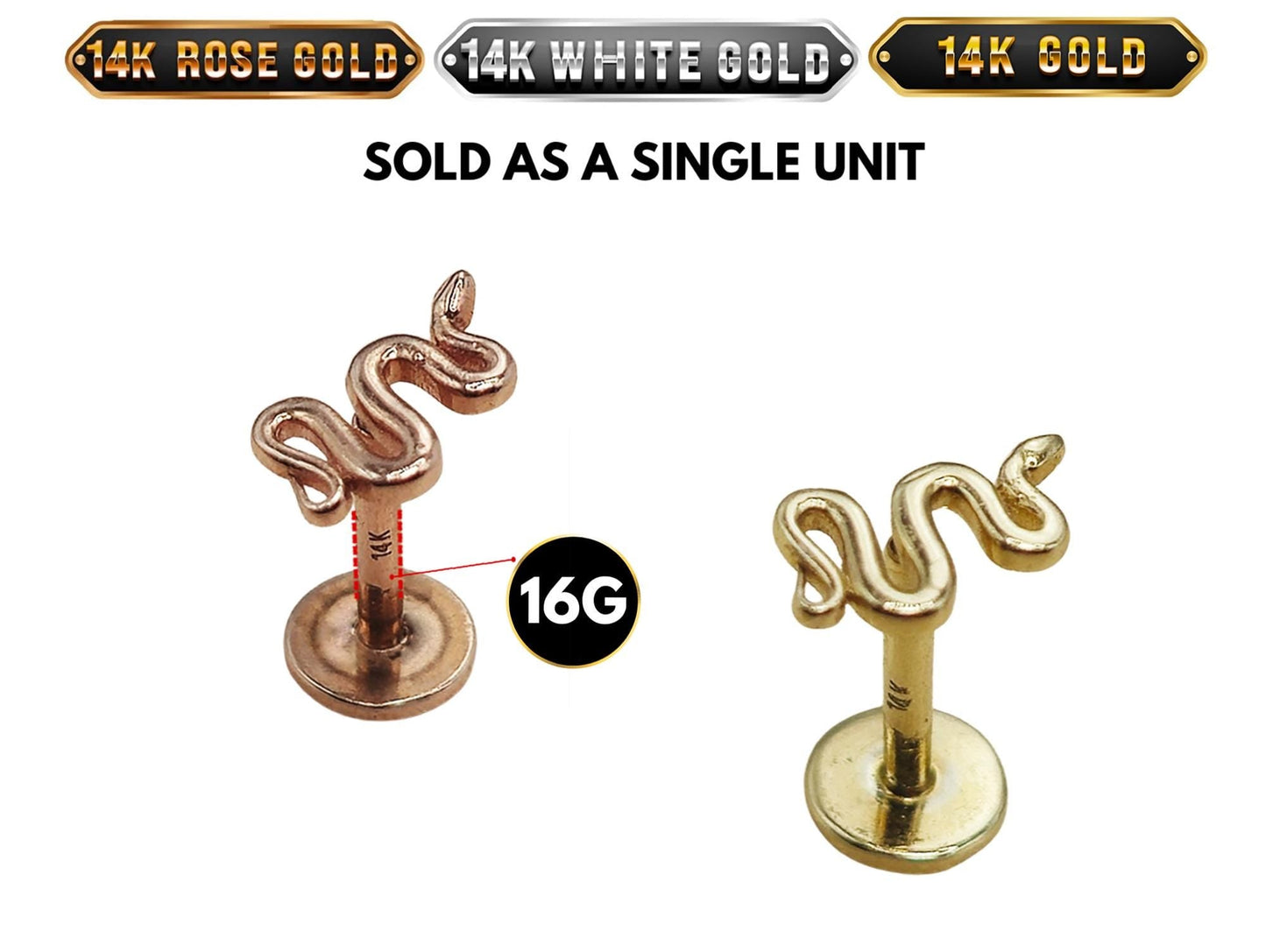 14K Rose Gold, Gold & White Gold Snake Tragus, Conch, Helix Cartilage Piercing, Labret Studs, Ear Piercing Internally Thread Body Jewelry