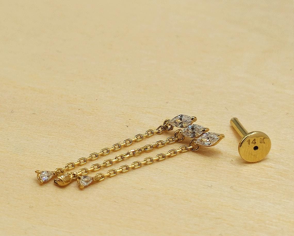 14K Gold Tragus Sparkling Drop Earrings- Gold Dangle & Drop Earrings- Labret Piercing - Internally Threaded Body Jewelry - Ear Piercings