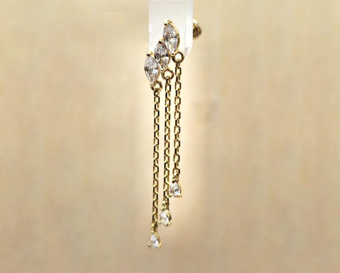 14K Gold Tragus Sparkling Drop Earrings- Gold Dangle & Drop Earrings- Labret Piercing - Internally Threaded Body Jewelry - Ear Piercings