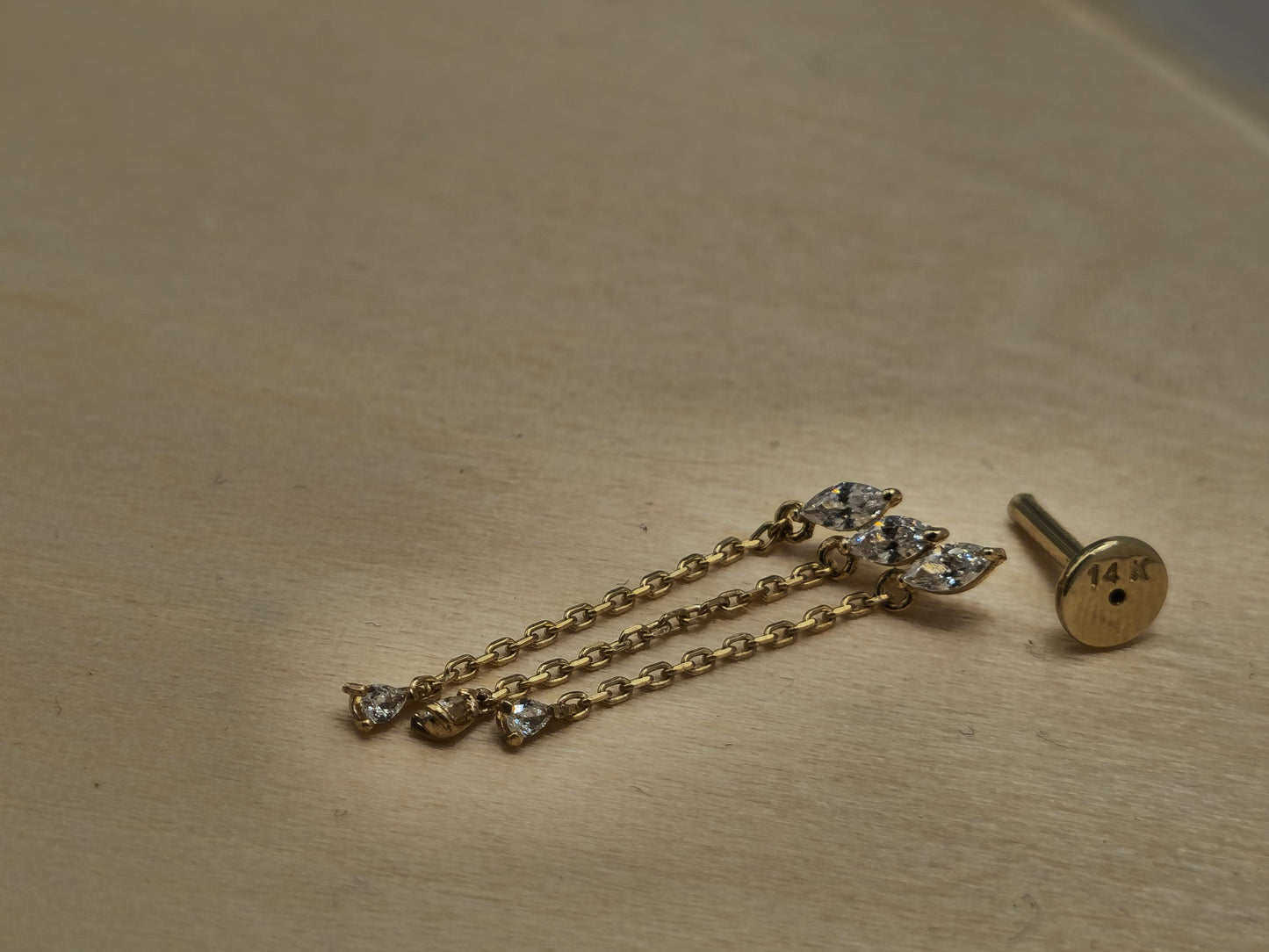 14K Gold Tragus Sparkling Drop Earrings- Gold Dangle & Drop Earrings- Labret Piercing - Internally Threaded Body Jewelry - Ear Piercings
