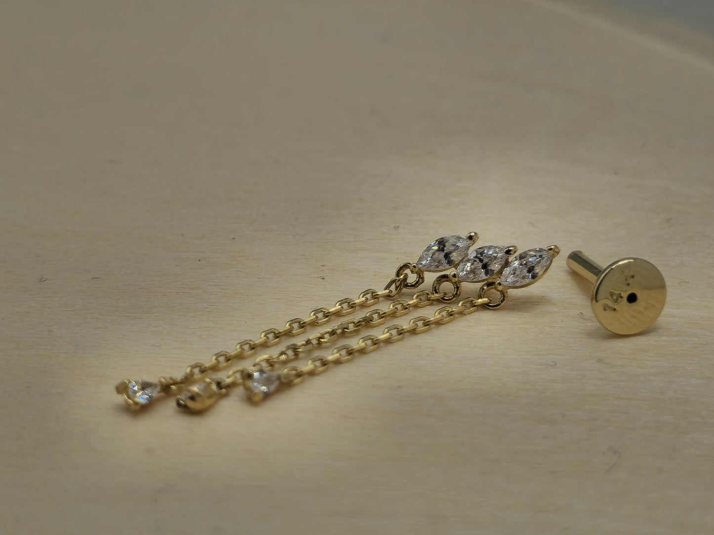 14K Gold Tragus Sparkling Drop Earrings- Gold Dangle & Drop Earrings- Labret Piercing - Internally Threaded Body Jewelry - Ear Piercings