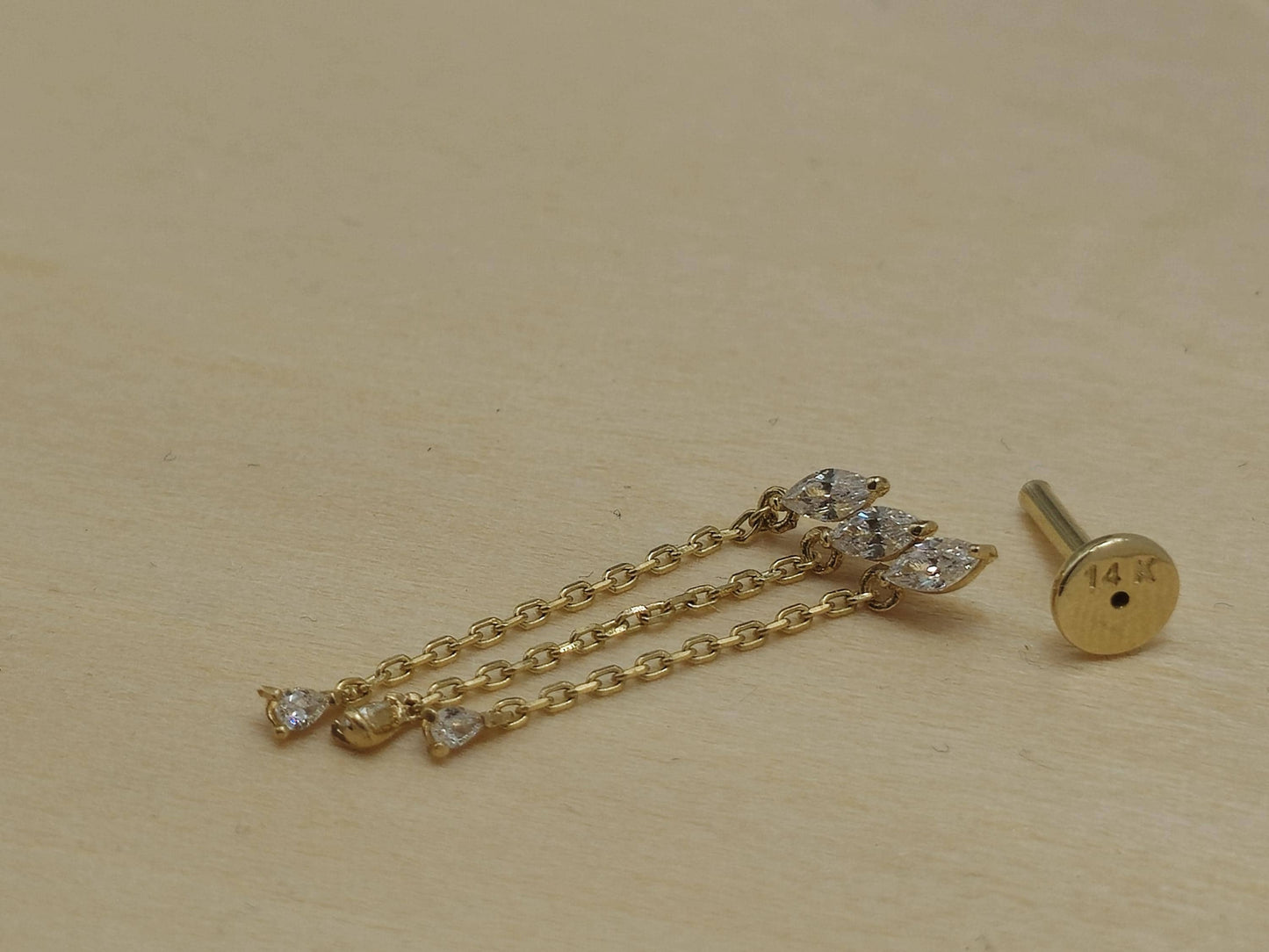 14K Gold Tragus Sparkling Drop Earrings- Gold Dangle & Drop Earrings- Labret Piercing - Internally Threaded Body Jewelry - Ear Piercings