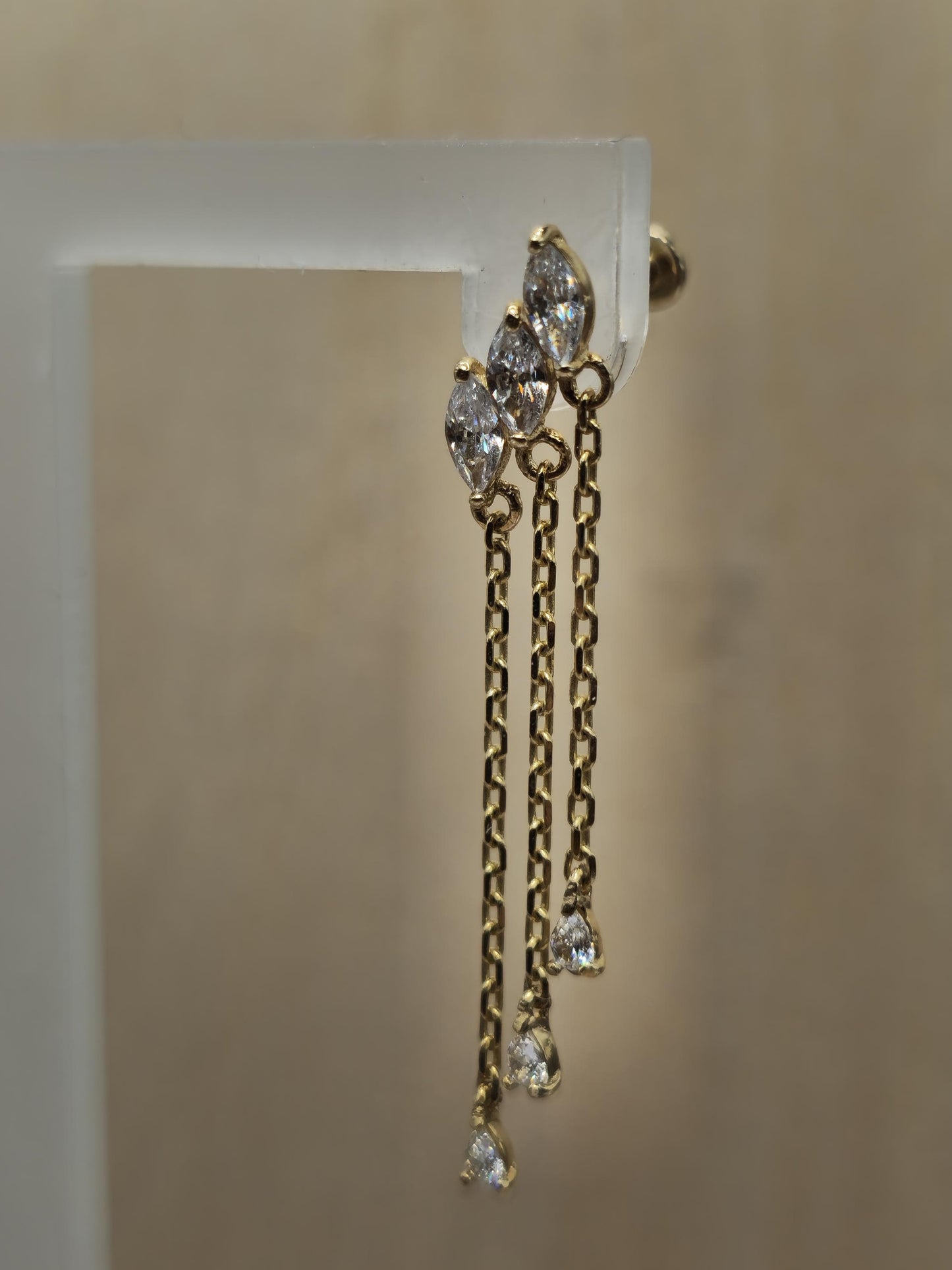 14K Gold Tragus Sparkling Drop Earrings- Gold Dangle & Drop Earrings- Labret Piercing - Internally Threaded Body Jewelry - Ear Piercings