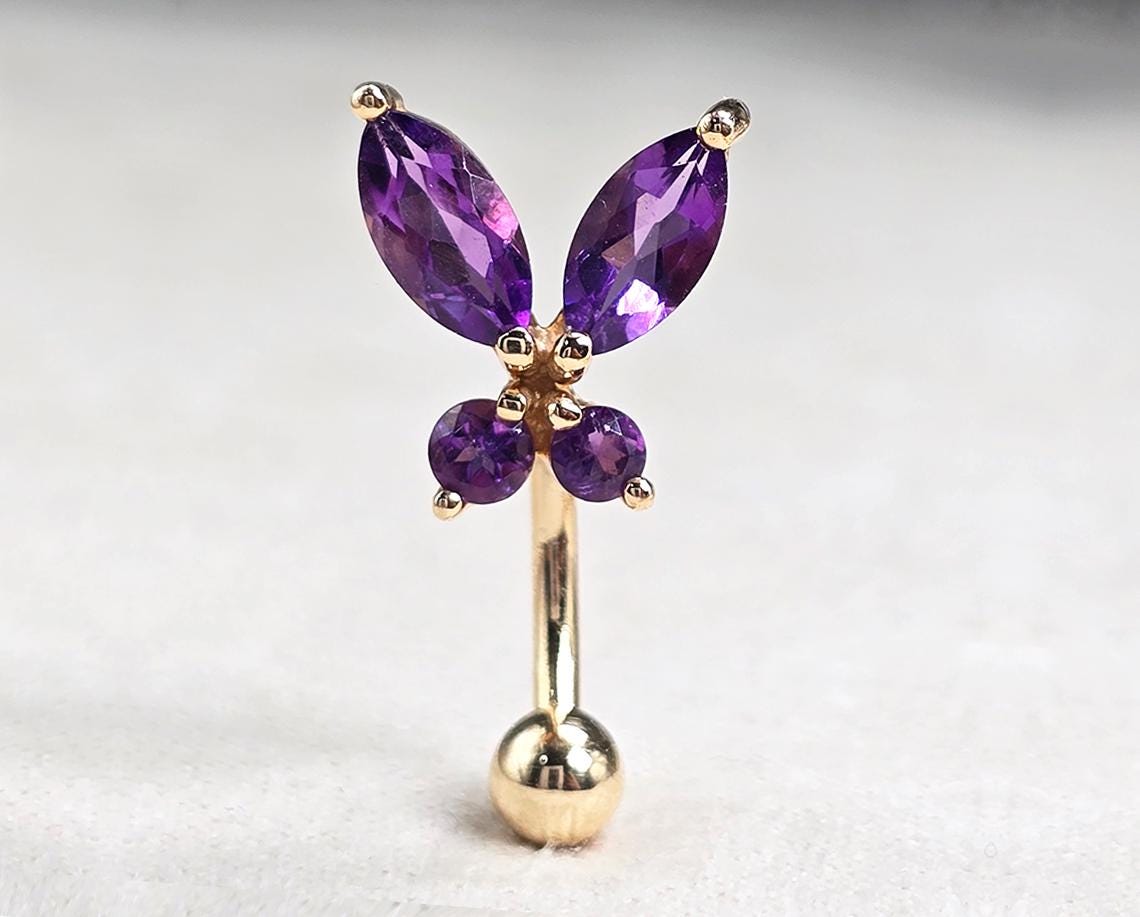 14K Gold Belly Ring - Butterfly Crystal Belly Bar, Belly Button Piercing, Navel Jewellery - Hand Made Gold Body Jewelry Belly Button Rings