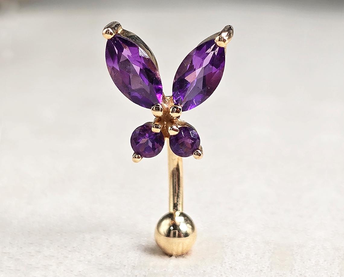 14K Gold Belly Ring - Butterfly Crystal Belly Bar, Belly Button Piercing, Navel Jewellery - Hand Made Gold Body Jewelry Belly Button Rings