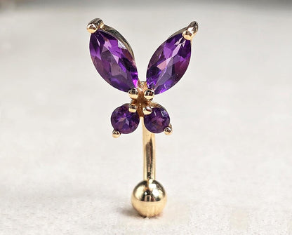 14K Gold Belly Ring - Butterfly Crystal Belly Bar, Belly Button Piercing, Navel Jewellery - Hand Made Gold Body Jewelry Belly Button Rings