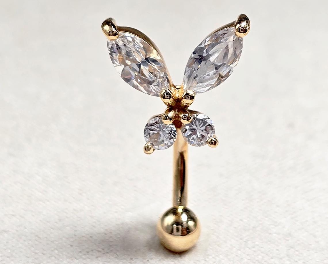 14K Gold Belly Ring - Butterfly Crystal Belly Bar, Belly Button Piercing, Navel Jewellery - Hand Made Gold Body Jewelry Belly Button Rings