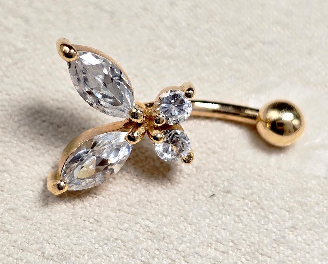 14K Gold Belly Ring - Butterfly Crystal Belly Bar, Belly Button Piercing, Navel Jewellery - Hand Made Gold Body Jewelry Belly Button Rings