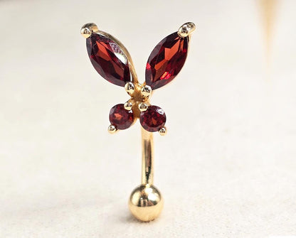 14K Gold Belly Ring - Butterfly Crystal Belly Bar, Belly Button Piercing, Navel Jewellery - Hand Made Gold Body Jewelry Belly Button Rings