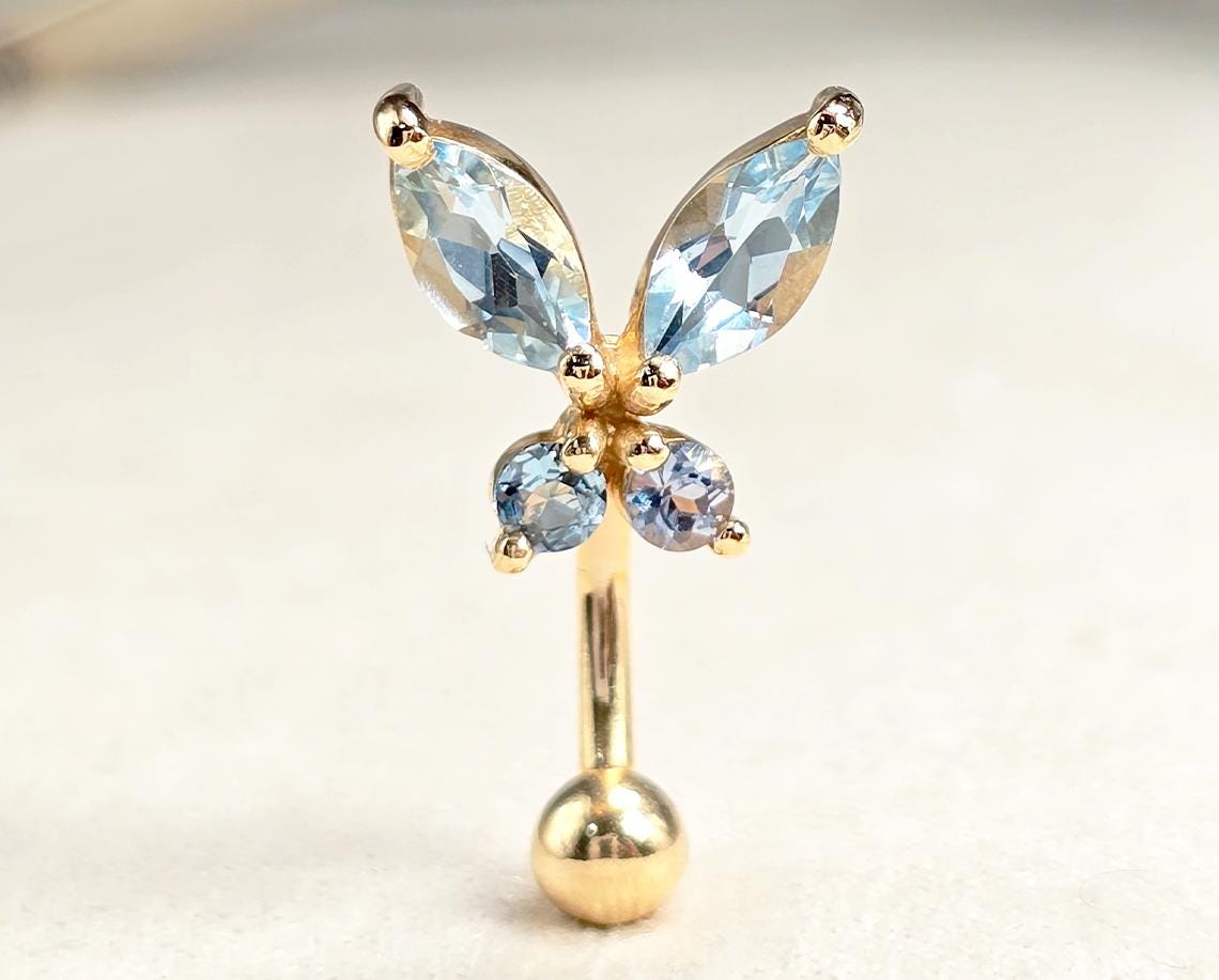 14K Gold Belly Ring - Butterfly Crystal Belly Bar, Belly Button Piercing, Navel Jewellery - Hand Made Gold Body Jewelry Belly Button Rings