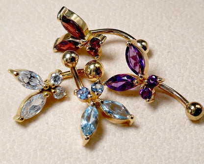 14K Gold Belly Ring - Butterfly Crystal Belly Bar, Belly Button Piercing, Navel Jewellery - Hand Made Gold Body Jewelry Belly Button Rings