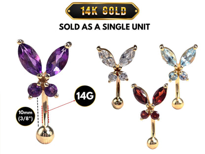 14K Gold Belly Ring - Butterfly Crystal Belly Bar, Belly Button Piercing, Navel Jewellery - Hand Made Gold Body Jewelry Belly Button Rings