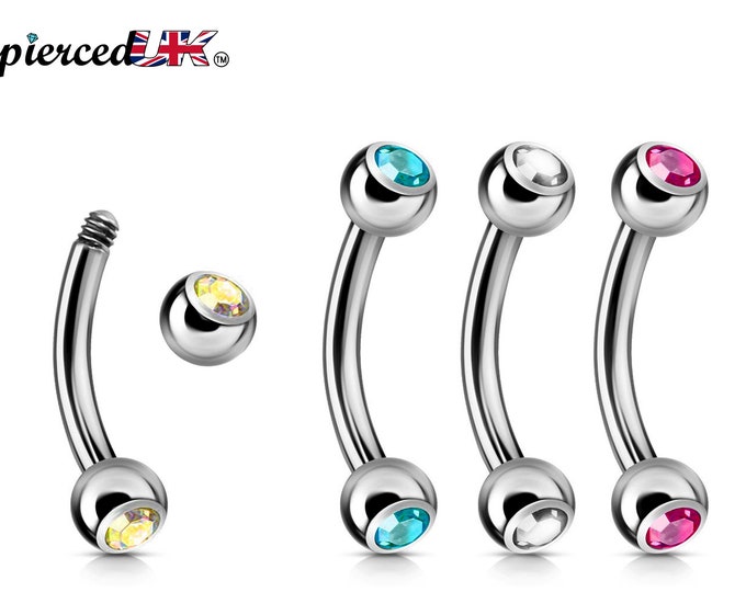 Curved Barbell, Barbell Piercing - Double Jeweled Bent Barbell - 18g 16g 14g - Piercing for belly ring, eyebrows, Ear, Tragus, Helix