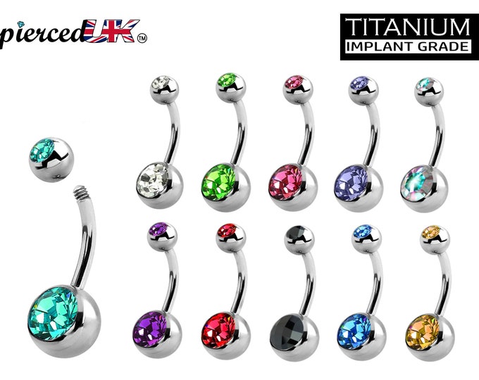 Titanium Navel Ring - Titanium Belly Bar Gem Stone Crystals- 14g (1.6mm) - Ideal Piercing for Navel Jewelry