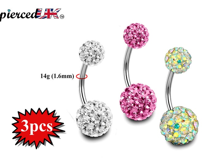 Belly Button Rings, Belly Bars - 3pcs Disco Ball Belly Ring with Multi Bling Crystals Color Clear, Aurora and Pink - 14g (1.6mm)