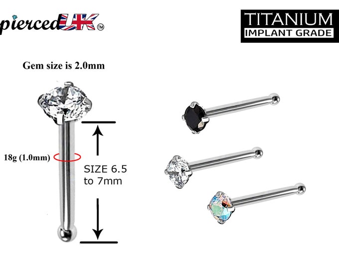 Titanium Nose Pin, Nose Studs - Nose Bone Stud with Prong Set CZ Crystals - Nose Piercing Size 18g (1.0mm)