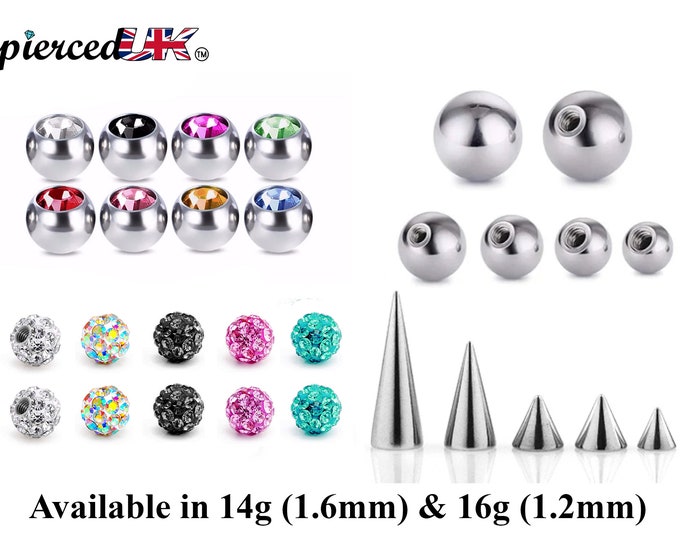 Body Jewelry Replacement Balls, Spikes - (2pcs) Loose parts for Barbells, Horseshoe Piercing, Curved Barbell, Labrets, Septum and more.