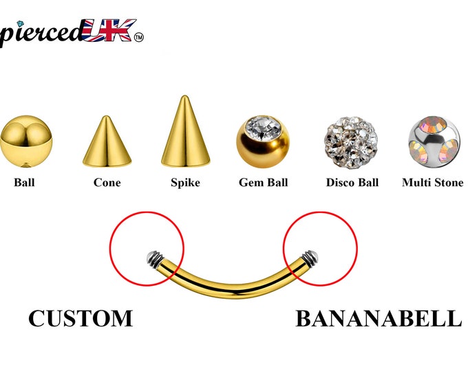 Gold Curved Barbell, Eyebrow Bar – Custom Bent Barbell 18g 16g 14g Piercing for Daith, Vertical Labret and More